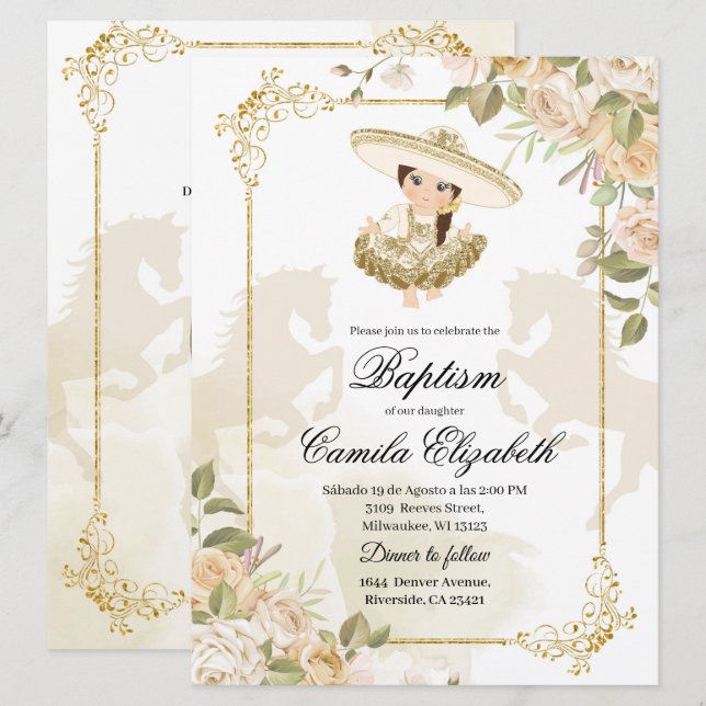 Spanisch mexikanische Gold-Girl-Charra-Taufe Einladung (Vorne/Hinten)