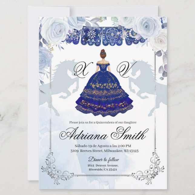 Spanisch mexikanisches Mis Quince Navy Blue Silver Einladung (Vorderseite)
