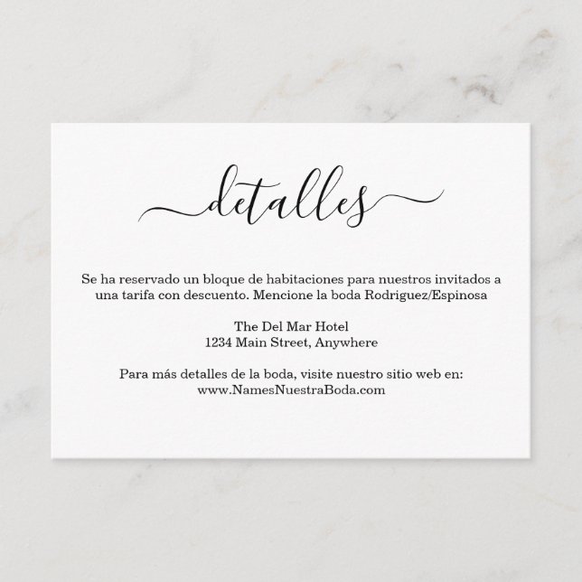 Spanisch Modern Bianco Y Negro Boda Detalles Begleitkarte (Vorderseite)