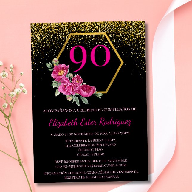 Spanisch Modern Black Gold & Pink 90. Geburtstag Einladung (Von Creator hochgeladen)
