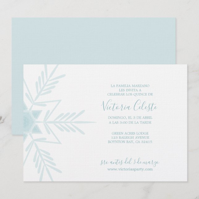 SPANISCH, modern blauer WINTER WONDERLAND quinceañ Einladung (Vorne/Hinten)