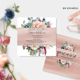 Spanisch, Pastellblüte und Rose Gold Quinceñera Einladung