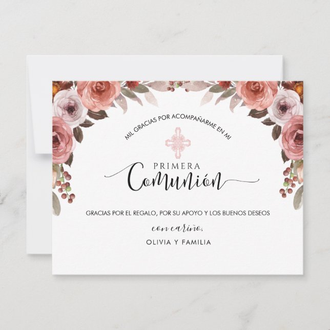 Spanisch Pink Floral Girl Erste Kommune Vielen Dan Dankeskarte (Vorderseite)