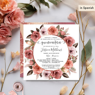 Spanisch, Quinceanera Blush Rose Gold Floral Einladung
