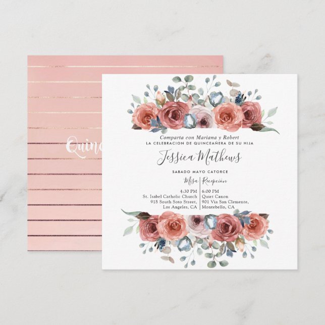 Spanisch Quinceanera, Blush und Dusty Blue Floral Einladung (Vorne/Hinten)