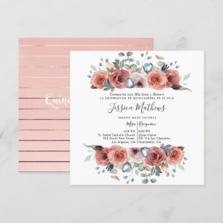 Spanisch Quinceanera, Blush und Dusty Blue Floral Einladung