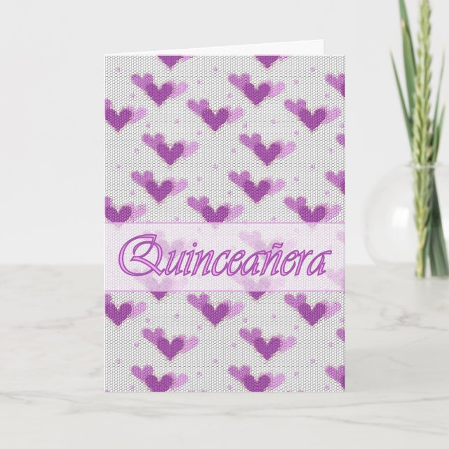Spanisch Quinceanera rosa lila Herz-Karte Einladung (Vorderseite)