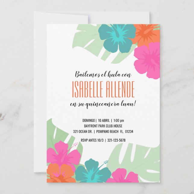 SPANISCH Quinceañera TROPICAL LUAU hell blumenreic Einladung (Vorderseite)