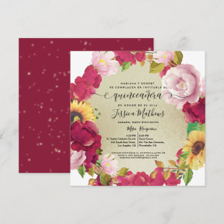 Spanisch, Quinceñera Elegante Einladung Rote Flora
