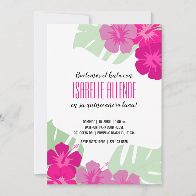 SPANISCH QUinceñera TROPICAL LUAU Pink floral Einladung (Vorderseite)