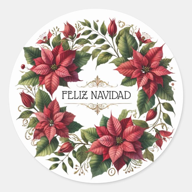Spanisch Red Poinsettia Feliz Navidad Weihnachten Runder Aufkleber (Vorderseite)