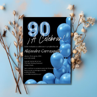 Spanisch Refined Blue Balloons Black 90. Geburtsta Einladung