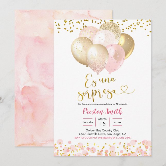 Spanisch Rosa Blush Ballon Sorpresa Einladung (Vorne/Hinten)
