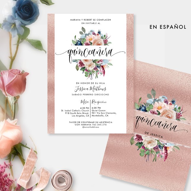 Spanisch, Rose Gold Pastel, Floral Quinceañera Inv Einladung (Von Creator hochgeladen)