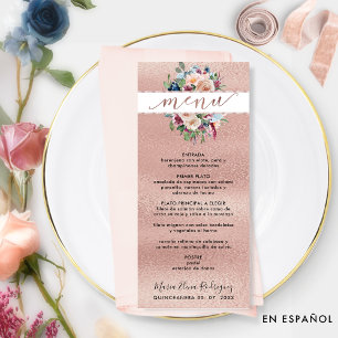 Spanisch, Rose Goldpastel, Blumenquinceñera Menükarte