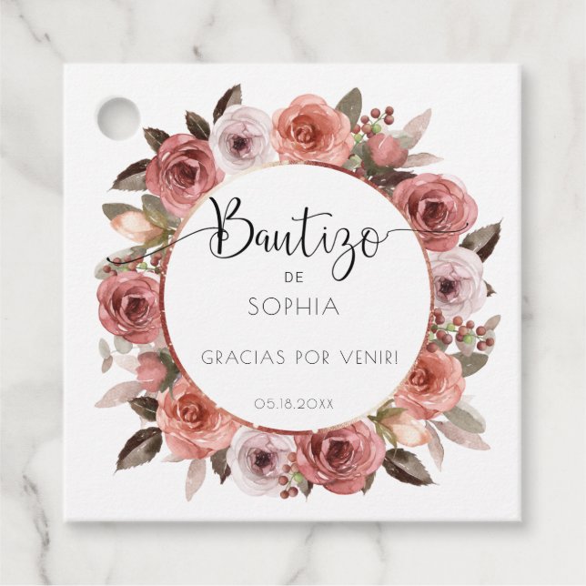 Spanisch, Taufe für Mädchen, Rose Gold, Blüte Geschenkanhänger (Vorderseite)
