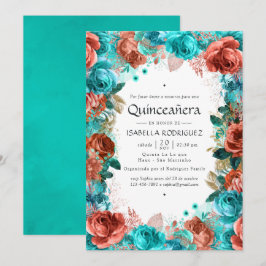 Spanisch Türkis und Korallenblume Quinceñera Einladung