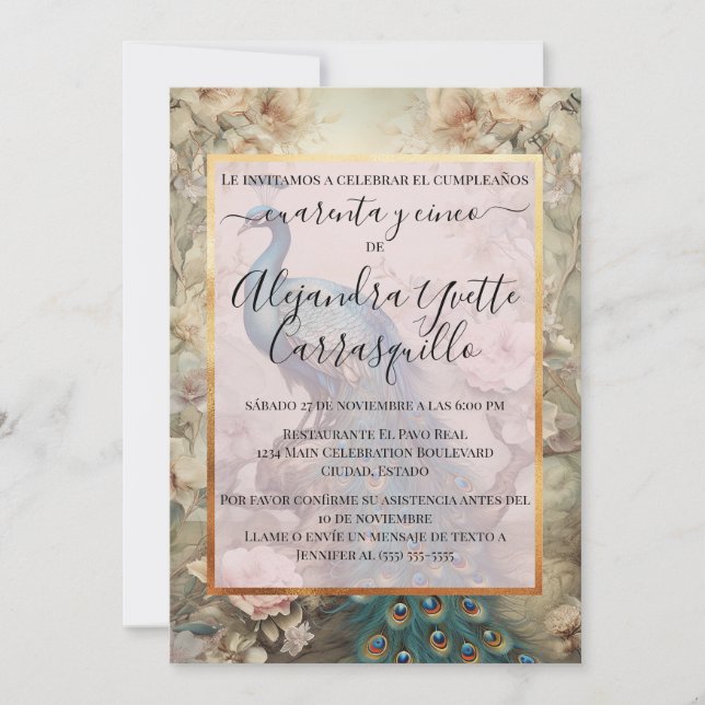 Spanisch Vintag Peacock Chic 45. Geburtstag Einladung (Vorderseite)