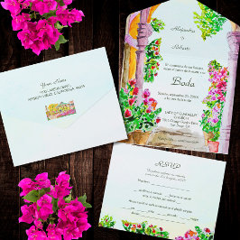 Spanisch, Wasserfarbenfloralstadt Mexiko Hochzeit All In One Einladung
