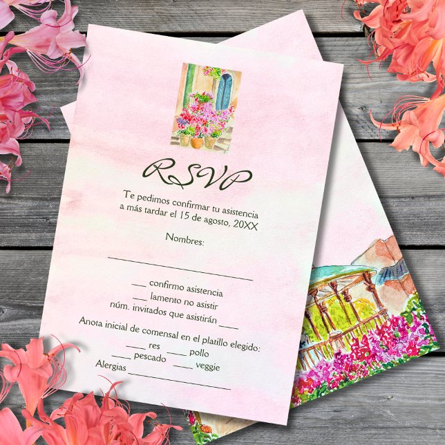Spanisch, Wasserfarbenfloralstadt Mexiko RSVP Karte (Von Creator hochgeladen)