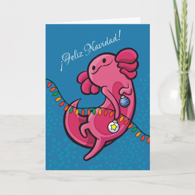 Spanisch Weihnachten Niedlich Axolotl mit Ornament Karte (Vorderseite)