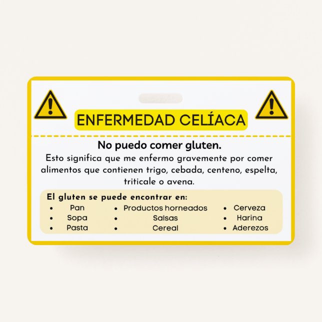 Spanische Alpha-Krankheit Gluten-Allergie-Warnkart Ausweis (Vorderseite)