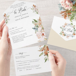 Spanische Beige Erdtöne Florale Hochzeit Tränen-RS All In One Einladung