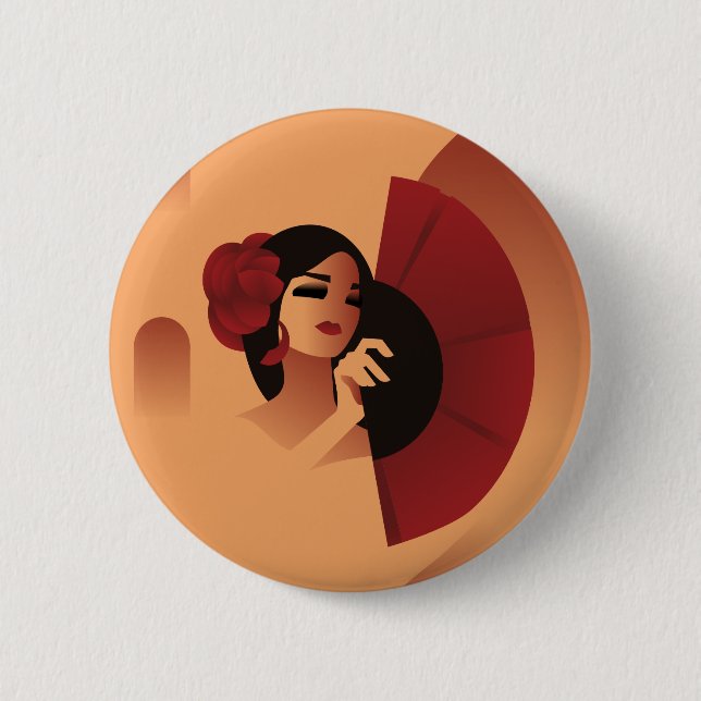 Spanische Dame mit Fan und rote Rose im Haar Button (Vorderseite)