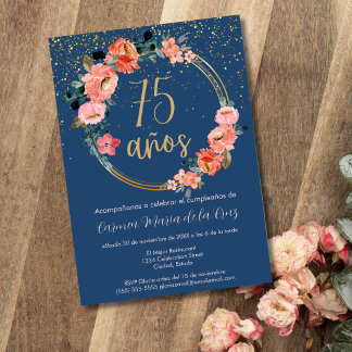 Spanische Elegante Glitzer Floral 75. Geburtstagsp Einladung
