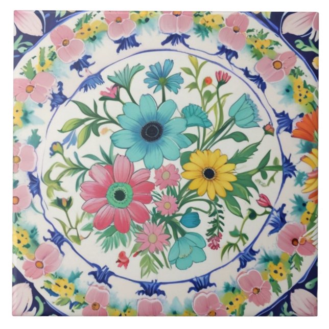 Spanische farbenfrohe bunte Blumen Rosa Blau Flora Fliese (Vorderseite)