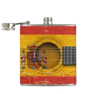 Spanische Flagge auf alter Akustikgitarre Flachmann