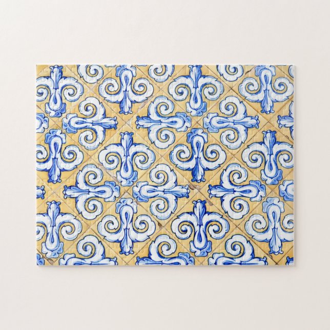 Spanische Fliesen - Azulejo Blau, Gelb und Weiß (Horizontal)