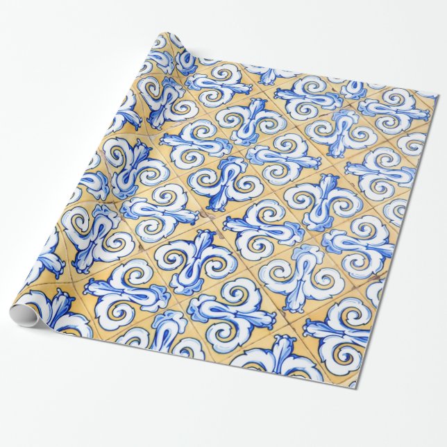 Spanische Fliesen - Azulejo Blau, Gelb und Weiß Geschenkpapier (Ungerollt)