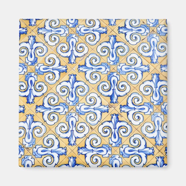 Spanische Fliesen - Azulejo Blau, Gelb und Weiß Magnet (Vorne)