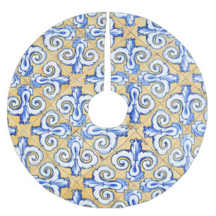 Spanische Fliesen - Azulejo Blau, Gelb und Weiß Polyester Weihnachtsbaumdecke