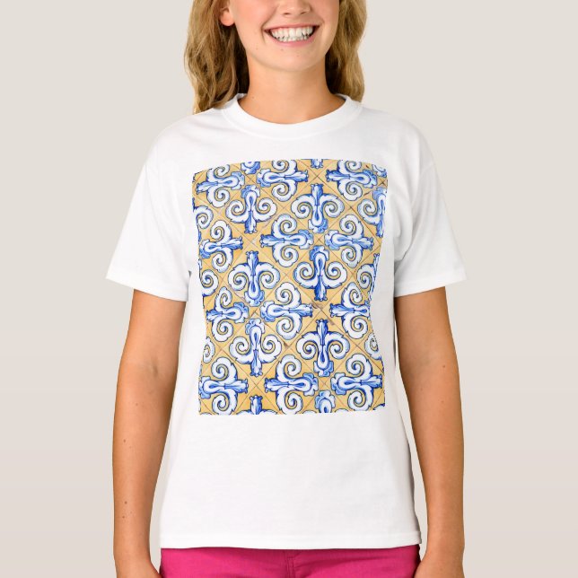 Spanische Fliesen - Azulejo Blau, Gelb und Weiß T-Shirt (Vorderseite)