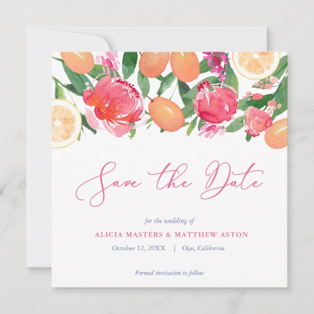 Spanische Fliesen Lebendige Citrus Pink Orange Flo Save The Date (Vorderseite)