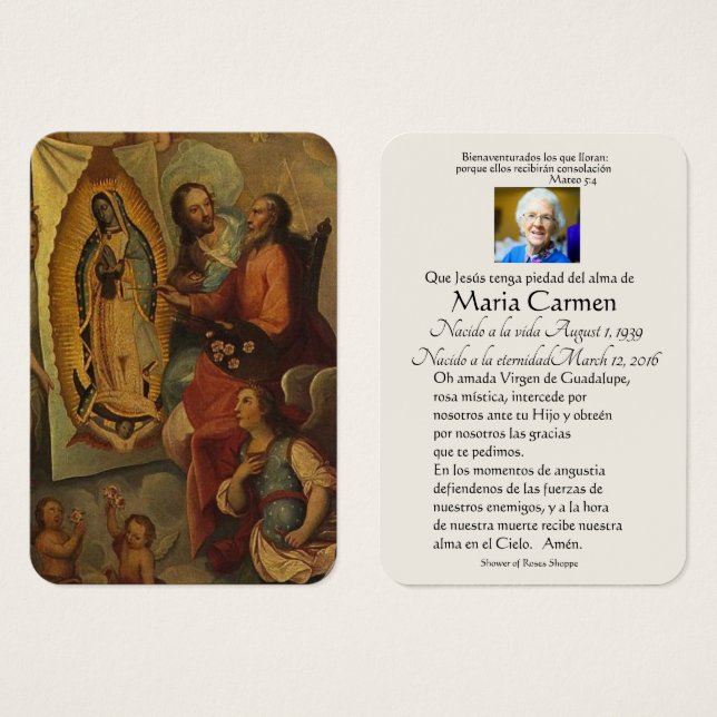 Spanische Guadalupe Mary Begräbniskarte (Vorne & Hinten)