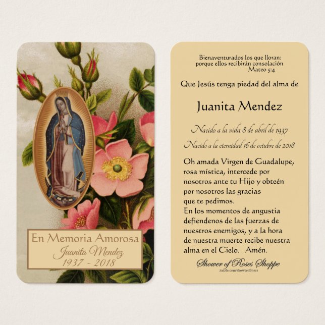 Spanische Guadalupe Mary Religious Prayer Card (Vorne & Hinten)