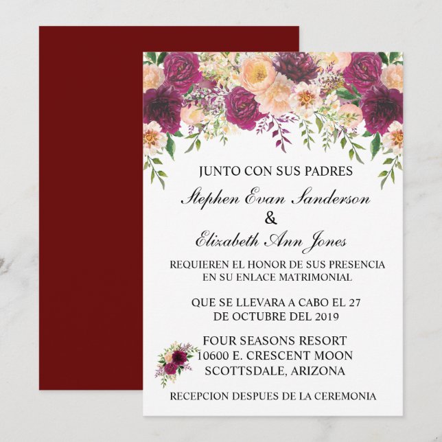 Spanische Hochzeit Burgundy Rosa Blush Bloral Einladung (Vorne/Hinten)