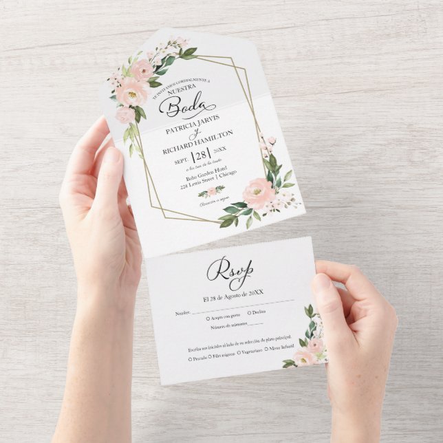 Spanische Hochzeit in Rosa All In One Einladung (Abreißen)