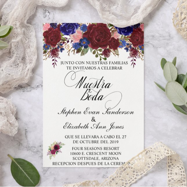 Spanische Hochzeit Rose Burgund Navy Nuestra Boda Einladung (Von Creator hochgeladen)