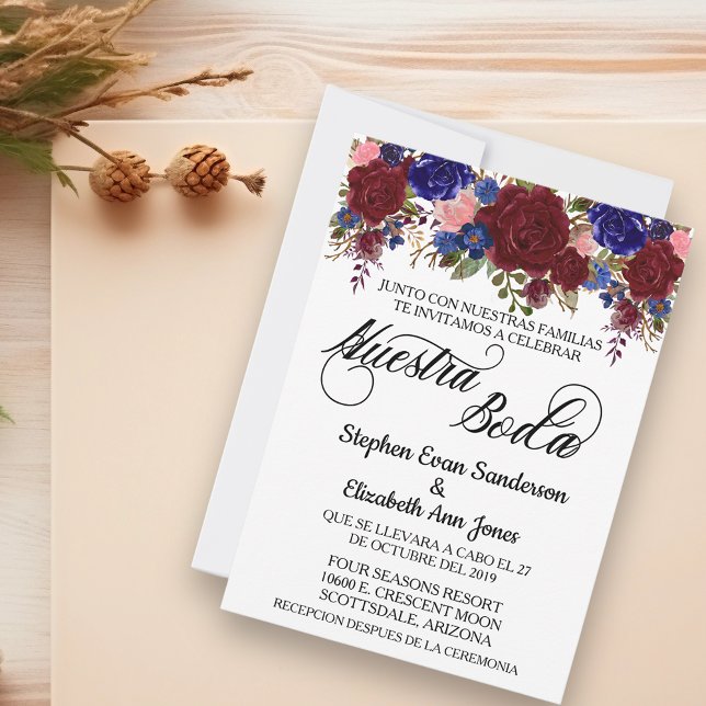 Spanische Hochzeit Rose Burgund Navy Nuestra Boda Einladung (Von Creator hochgeladen)