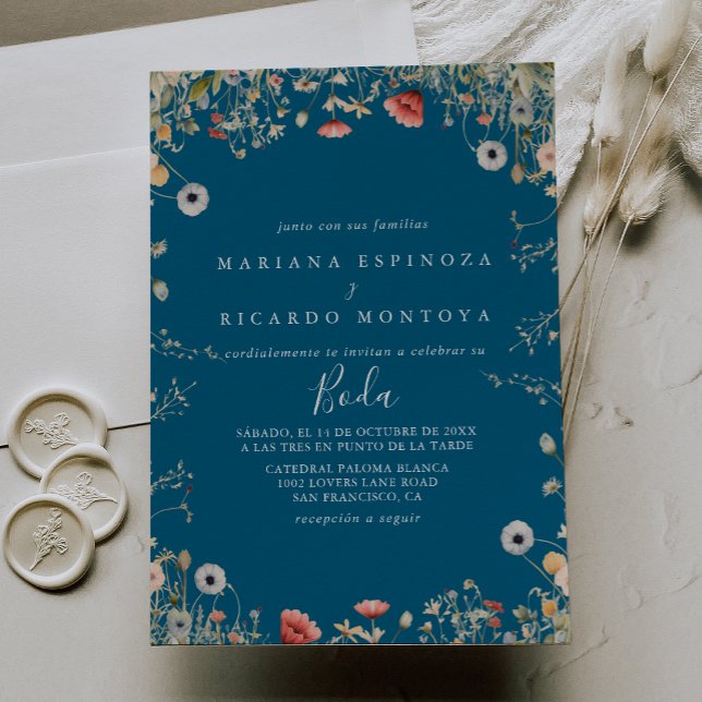 Spanische Hochzeit von Navy Boho Wildblume Einladung (Von Creator hochgeladen)