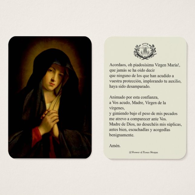 Spanische Jungfrau Mary Prayer Memorare Heilige Ka (Vorne & Hinten)