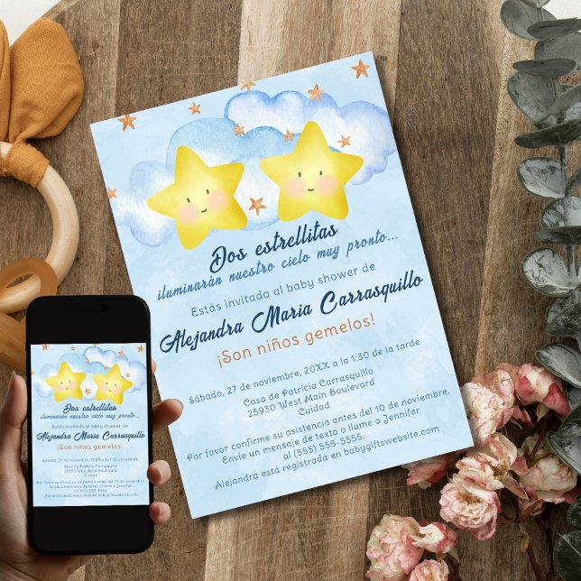 Spanische Kleine Sterne Blue Twin Boys Baby Dusche Einladung (Von Creator hochgeladen)