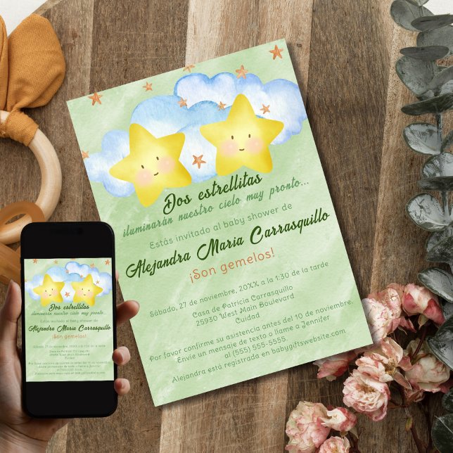 Spanische Kleine Sterne Green Twins Baby Dusche Einladung (Von Creator hochgeladen)