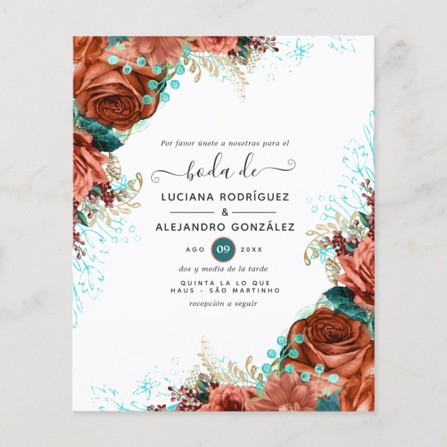 Spanische Koralle und Aquamarine Blumenhochzeit Flyer (Vorne)