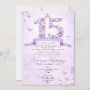 Spanische lila Blumenkrone Sweet 15 Años Einladung
