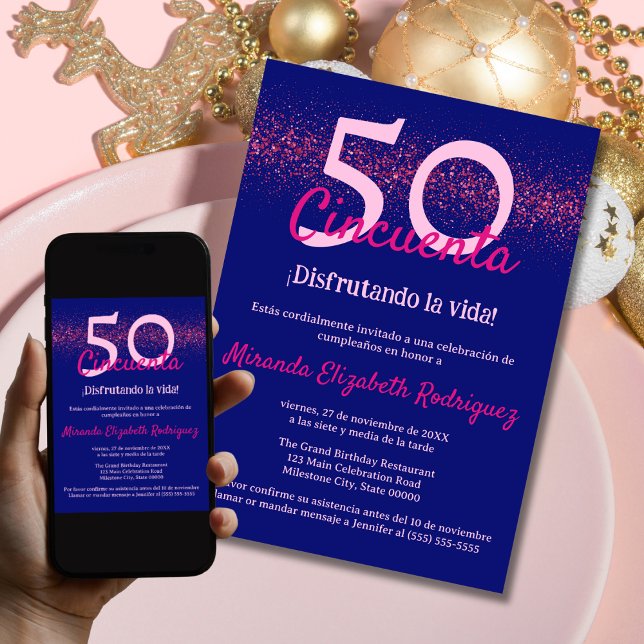 Spanische Marine Hot Pink Elegant Frauen 50. Gebur Einladung (Von Creator hochgeladen)